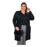 Cardigan Manga Longa Kimono Bolso Lanzinha Plus Size