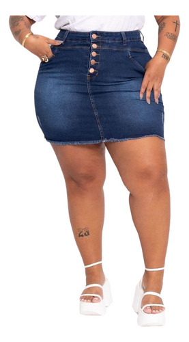 Saia Jeans Plus Size Curta Com Fenda Escura Nael