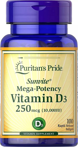 Vitamina D3 10000 Iu 250mcg Puritan's Pride 100 Softgels Eua