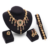 Conjunto Colar Brinco Pulseira Anel Dourado Indiano Luxo