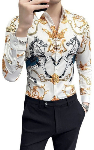 Camisa Manga Larga Con Estampado De Cadenas Lujo Para Hombre