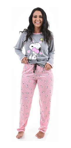 Pijama Feminino De Frio Adulto Inverno Longo Rosa Personagem