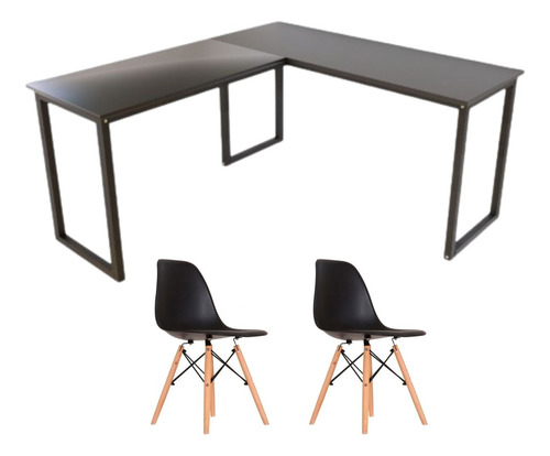 Mesa Em L Escritório Diretor 150x150cm + 2 Cadeira Eames