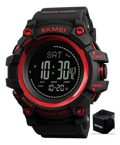 Reloj De Pulsera Skmei 1358 De Cuerpo Color Negro, Digital, Para Hombre, Fondo Negro, Con Correa De Poliuretano Color Negro, Dial Gris, Minutero/segundero Gris, Bisel Color Negro Y Rojo, Luz Celeste Y