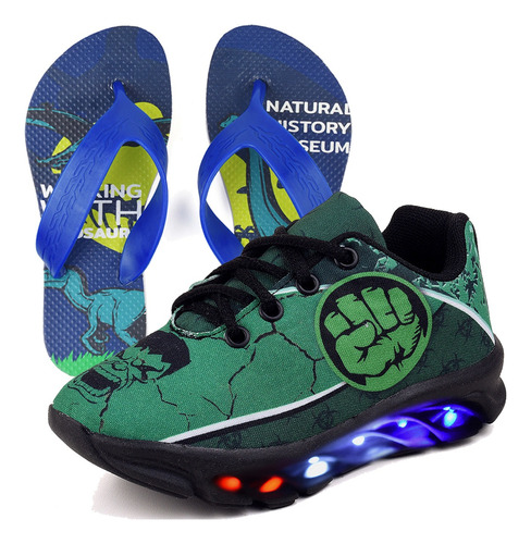 Kit Tênis Masculino Infantil De Led Hulk + Chinelo Barato