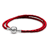 Pulsera Pandora Moments De Cuero Trenzado Broche Redondo