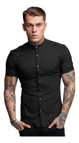 Camisa Hombre Manga Corta Corte Pegado Strech Cuello Mao G