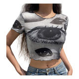 Top Camiseta Corta De Malla Estampado Retro Punk Crop Mujer