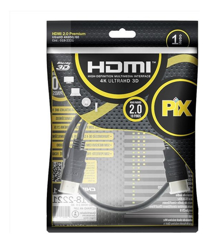 Cabo Hdmi Gold 2.0 - 4k Hdr 19 Pinos 1m Pix 018-2221 S