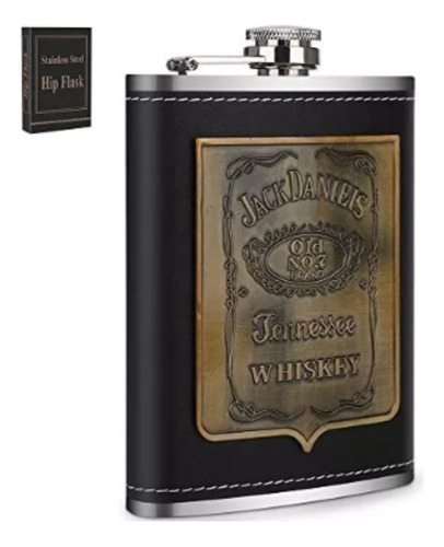 Petaca Jack Daniels Licor Acero Inox Cuero Negro Lefemme