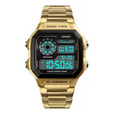 Reloj De Pulsera Digital Skmei 1335 Gold Body Para Hombre, Fondo Blanco, Con Correa De Acero Inoxidable De Color Dorado