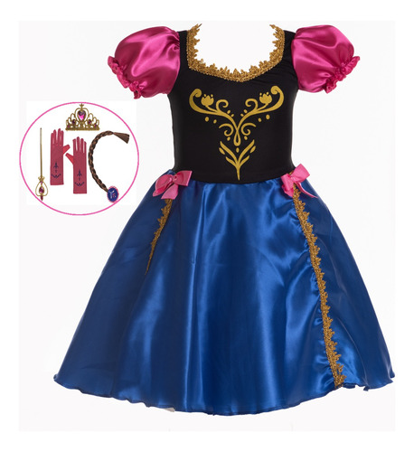 Vestido Infantil Princesa Ana Frozen Com Capa E Acessórios