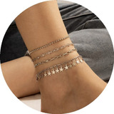 Tobilleras Cadena Estrellas Plateadas Pulsera Sandalia Set