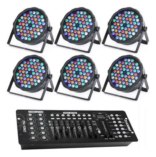 Kit 6 Canhão Par Led 54 Leds Rgbwa Dmx + Mesa Dmx + Cabos 5m