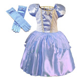 Vestido Princesa Infantil Midi Azul Luxo Menina Par De Luvas