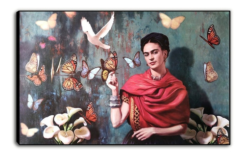 Cuadro De Frida Kahlo Con Mariposas. Bastidor Plano. 