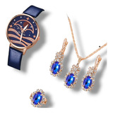 Set Reloj De Pulsera Aretes Collar Anillo Azul