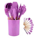 Set 12 Utensilios Cocina Repostería Morado Mango Madera