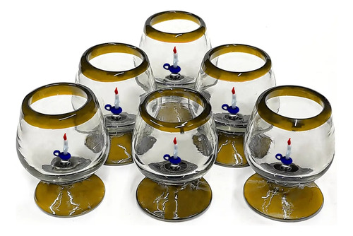 Set 6 Copas Coñac Borde Color Con Candelabro Vidrio Soplado