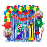 Kit Decoracion Globos Juego Mario Luigi Azul Cortina Numero