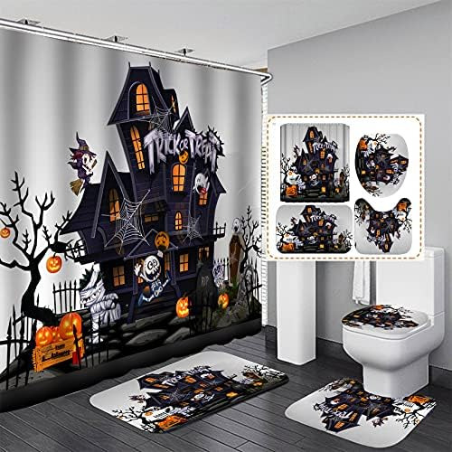 Azhm Juego De Cortinas De Ducha De Halloween Con Alfombras, 