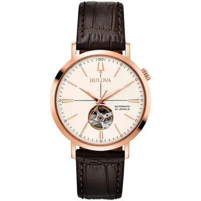 Reloj automático Bulova 97a136 para hombre. Color de la correa: marrón, color del bisel, oro rosa, color de fondo: blanco | Meses sin interés