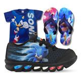 Kit Tenis De Led Sonic + Chinelo + Camisa Super Estiloso