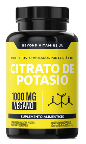 Citrato De Potasio 1000mg Con Platano En Polvo, Curcuma Y Semilla De Uva - Potassium Citrate- Sin Rellenos - 180 Cápsulas