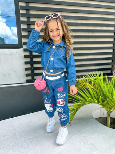Conjunto Infantil Jeans Blusa Frio E Calça Blogueirinha Luxo