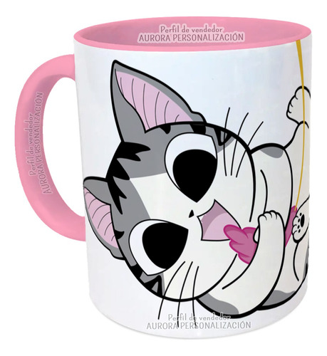 Mug Pocillo Gato Kawaii Interior Y Oreja Rosada