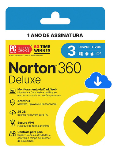 Antivírus Norton 360 Deluxe - 3 Dispositivos - 12 Meses