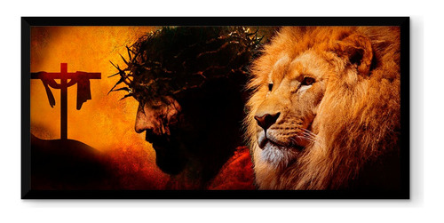 Quadro Vidro Leão Jesus Religião Coroa Cristo Cruz 53x1,03