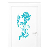 Adesivo Para Porta Azul Flores Animal Tribal Lobo