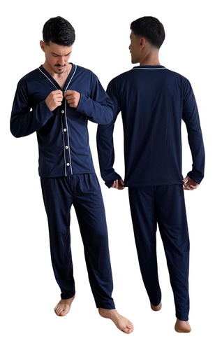 Pijama Longo Masculino Americano Curto De Malha Com Botão