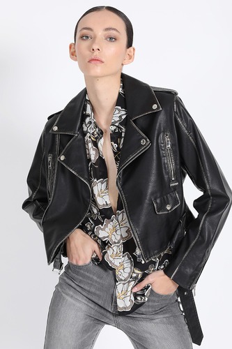 Chaqueta Biker Efecto Cuero Desgastado, Negro Liola