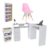 Mesa Para Manicure L + Porta Esmaltes + Cadeira + Carrinho