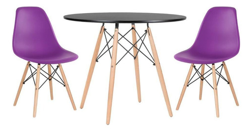 Kit Mesa Jantar Eames Wood  90 Cm E 2 Cadeiras Eames Eiffel Cor Da Tampa Mesa Preto Com Cadeiras Roxo