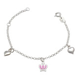  (05pr-054) Pulseira Infantil Coroa Rosa Prata 925