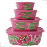 Kit Potes Plastico Hermético 8 Pças Freezer Microondas Tampa Cor Pink Flor Branca
