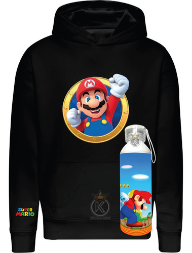 Poleron Super Mario Bros + Botella En Aluminio - Niño - Adulto - Nintendo - Estampaking