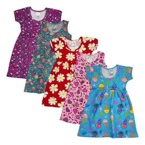 Kit 5 Vestidos Infantis Estampado Roupa De Menina 1 À 8 Anos