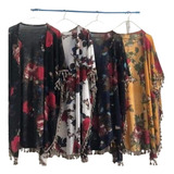 Kimono Tapado De Mujer Flores Estampado Pompones Cardigans