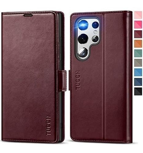 Funda Para Galaxy S22 Ultra Cuero Borgoña Tpu Bloqueo Rfid