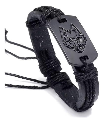 Pulsera Hombre Cuero Genuino Lobo Wolf Brazalete Negro