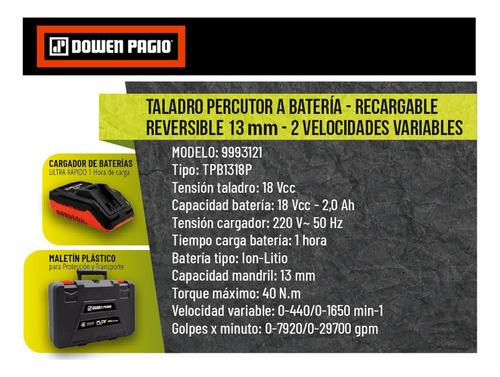 Taladro Percutor A Bateria 18v Dowen Pagio 9993121 Maletin Bateria Cargador