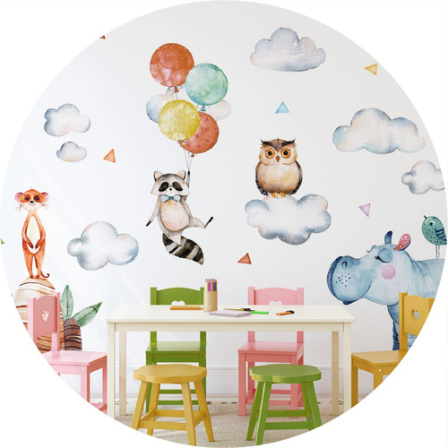 Vinilo Deco Infantil Animalitos Acuarela Cuentos 113x90 Cm