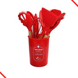 Kit 12 Peças Talheres De Silicone + Balde Utensílios Cozinha Cor Vermelho