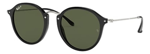 Anteojos De Sol Ray-ban Round Fleck Standard Con Marco De Acetato Color Gloss Black, Lente Green De Cristal Clásica, Varilla Silver/black De Metal - Rb2447