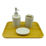 Kit Banheiro Lavabo Cerâmica 3 Peças + Bandeja Bambu