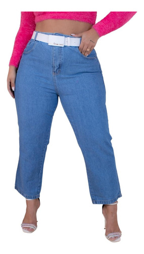 Calça Mom Jeans Plus Size Lisa Cintura Alta Com Cinto Branco